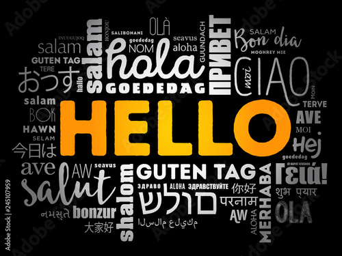 Hello word cloud collage in different languages of the world