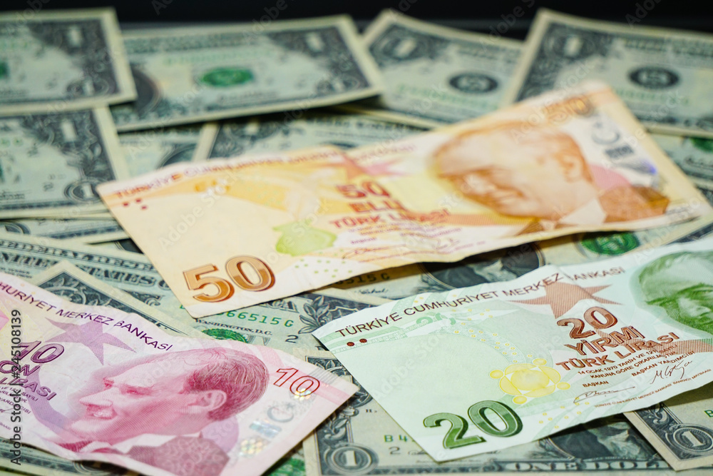 Us dollar and Turkish lira banknotes template texture background Us dollar and Turkish lira banknotes template texture background