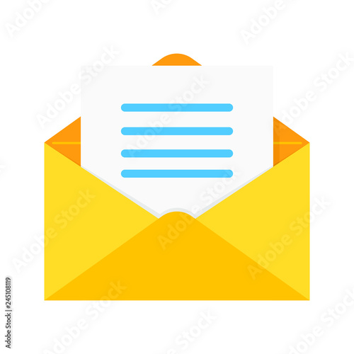 Open golden yellow envelope with sheet and text letter icon sign flat style design vector illustration isolated on white background.