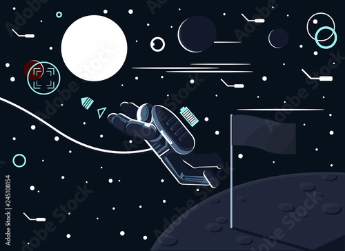 Conceptual vector illustration of an astronaut who left a flag on the moon or another planet and flew to Mars.