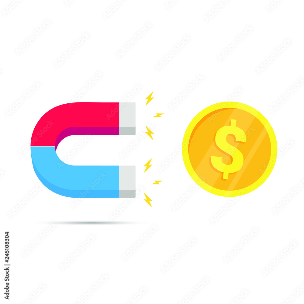 Red and blue horseshoe magnet icon sign attract golden money coin. Magnetism, money magnetize field symbol concept flat style design vector illustration isolated on white background. Red and blue horseshoe magnet icon sign attract golden money coin. Magnetism, money magnetize field symbol concept flat style design vector illustration isolated on white background.