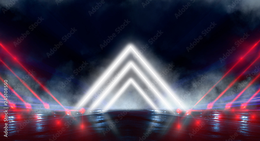 Abstract black tunnel with a light pyramid, neon triangle, smoke, wet asphalt, night view.