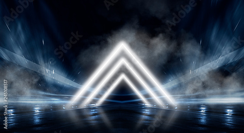 Abstract black tunnel with a light pyramid  neon triangle  smoke  wet asphalt  night view.
