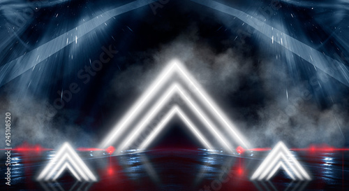 Abstract black tunnel with a light pyramid, neon triangle, smoke, wet asphalt, night view.
