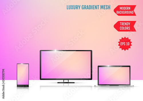 Modern abstract background. Colors transition concept. Gradient mesh. Trendy colored Surface. An example of the use of the proposed background on the screen of a laptop, smartphone and TV