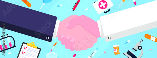 Doctor and man shaking hands flat style design vector illustration with abstract rays. Success deal, greeting, handshaking agreement isolated on background from medical and science equipment.