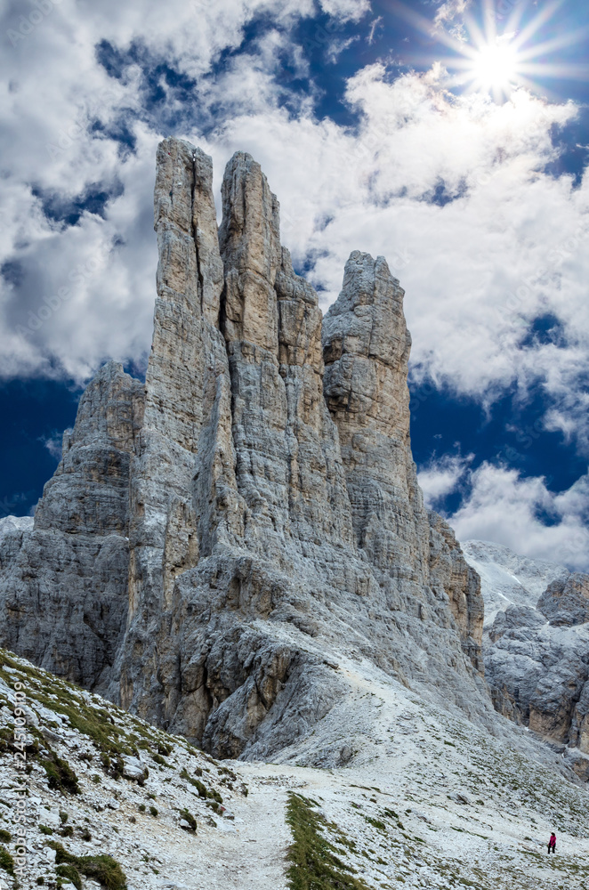 Torri Vajolet in Rosengarten Catinaccio massif. Beautiful view in Dolomites mountains, Alto Adige, South Tyrol, Italy