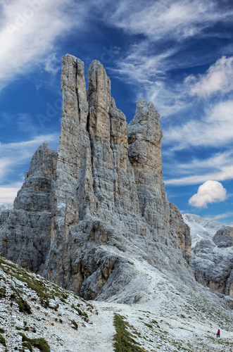 Torri Vajolet in Rosengarten Catinaccio massif. Beautiful view in Dolomites mountains, Alto Adige, South Tyrol, Italy photo