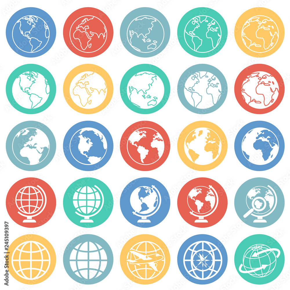 Globe icons on color circles background for graphic and web design, Modern simple vector sign. Internet concept. Trendy symbol for website design web button or mobile app
