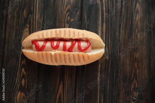 hotdog with tomato sauce on dark wooden background.photo with copy space