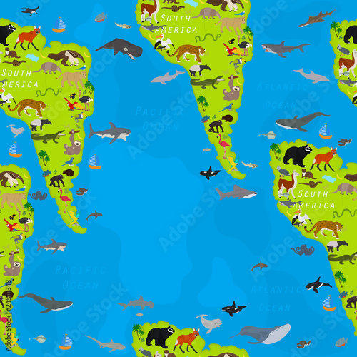 Seamless vector pattern on the theme of animals of South America with sea animals.