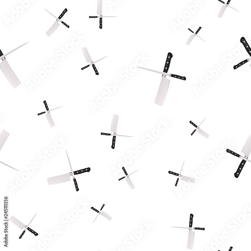 Seamless pattern of kitchen knives on a white background.