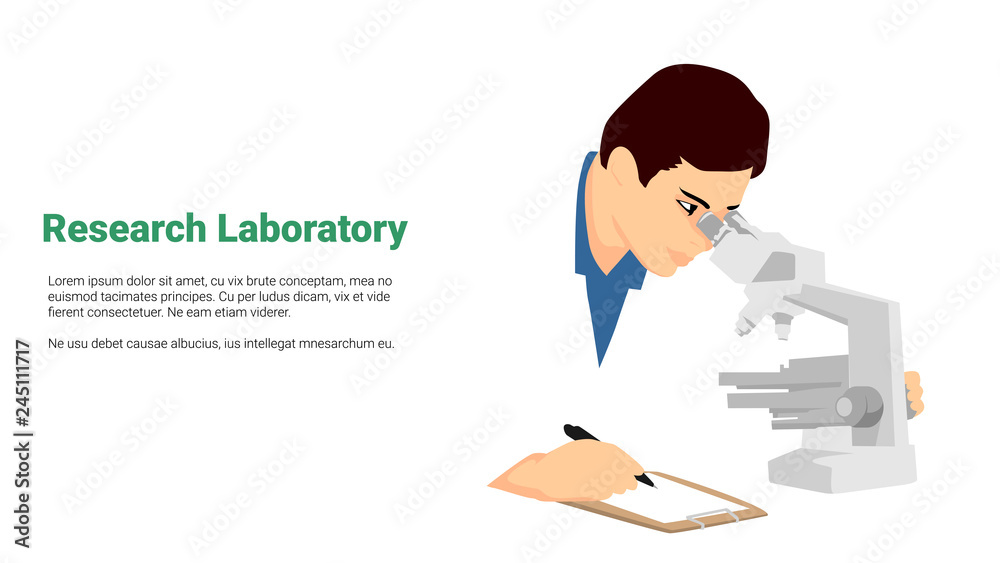 research laboratory concept man hold and operate microscope and write the result minimalist simple flat style illustration research laboratory concept man hold and operate microscope and write the result minimalist simple flat style illustration