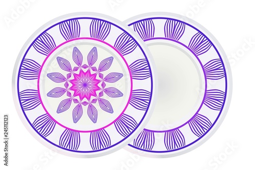 Set of 2 matching decorative plates for interior design with mandala floral ornament. Empty dish, porcelain plate mock up design. Vector illustration. Purple gradient color