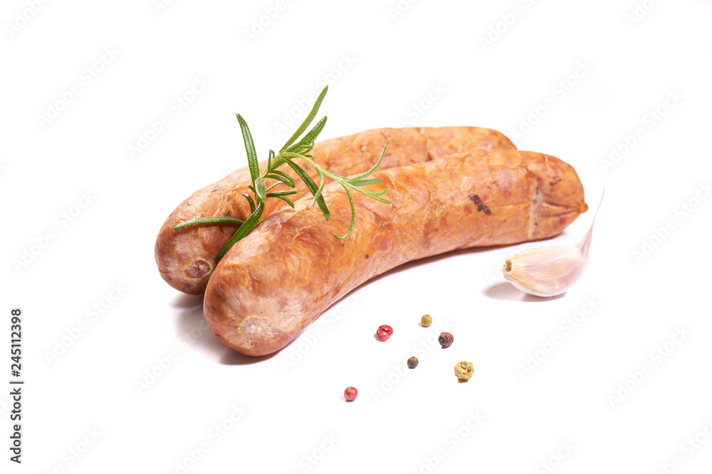 Sausage with herbs and spices on a white background