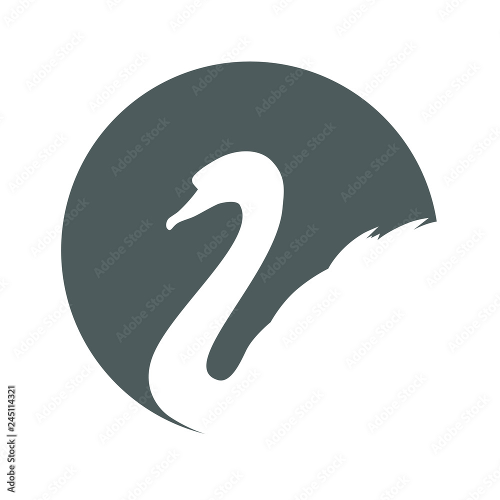 Sign head swan. Logo swan. Isolated white silhouette duck in the gray circle on white background. Vector illustration Sign head swan. Logo swan. Isolated white silhouette duck in the gray circle on white background. Vector illustration