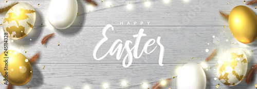 Happy Easter festive banner. Beautiful background with realistic white and golden eggs, sparkling gold confetti, shining garlands and chicken feathers. Holiday vector illustration.