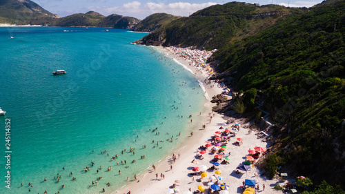 Aerial view of Pontal do Atalaia beach in Rio de Janeiro, Brazil. One of the most beautiful places to enjoy the summer in South America. Drone view of the region in Arraial do Cabo. photo