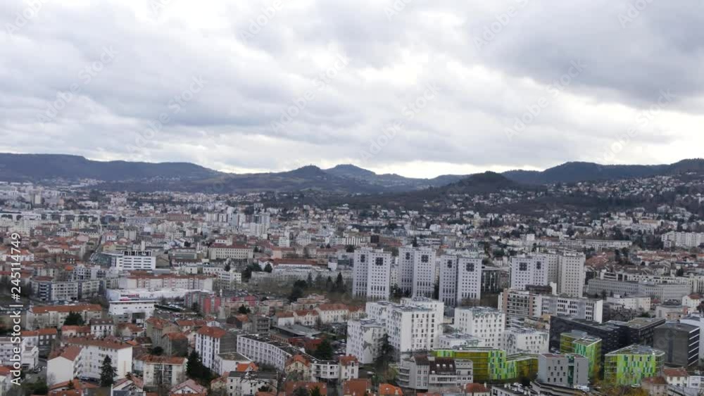 Panorama of the city of Clermont-Ferrand. View from Montjuzet Park. Clermont-Ferrand is a university town in central France, close to the Puys mountain range. Cloudy weather.