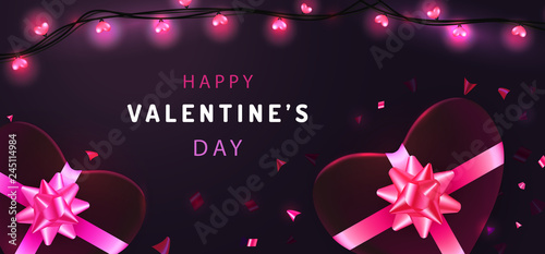 Banner design on purple dark background for Valentines Day. Greeting card with realistic garlands, heart-shaped gift boxes and confetti