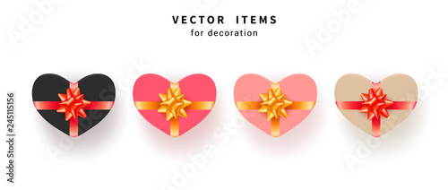 Set of gift box with gold bows and ribbons. Collection of pink heart shaped gift presents isolated on white background