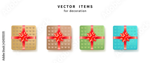 Set of colorful gift boxes with red bows and ribbons for Birthday, Valentines Day and Anniversary celebration. Vector illustration