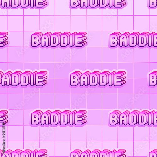 Seamless pattern with “Baddie” patches. Vector wallpaper in pastel goth style. Pink gradient background.