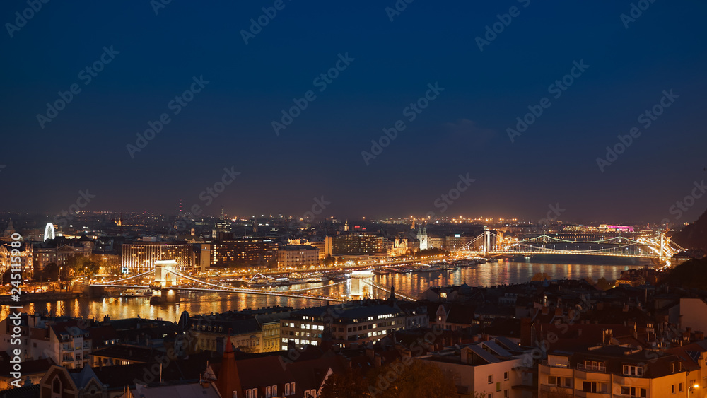 Night Budapest with the Danube and Chain Bridge, Hungary. Aerial view of Budapest. Hungary.