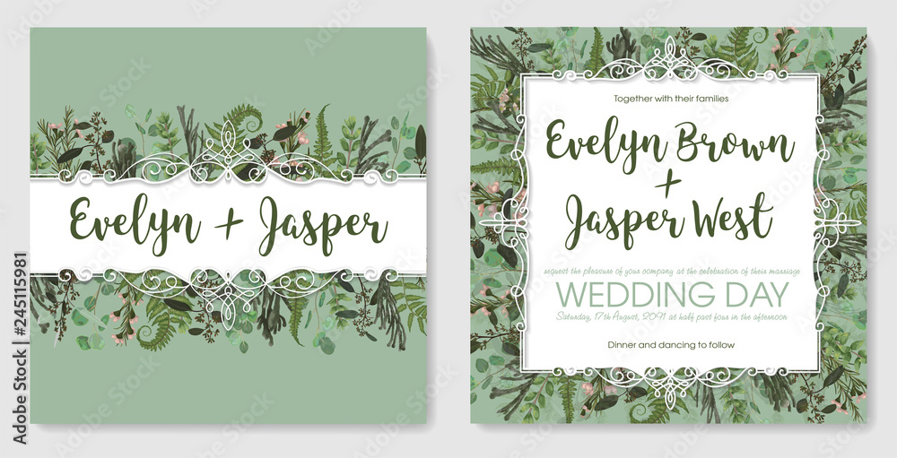 Set for wedding invitation, greeting card, save date, banner. Vintage frame with green fern leaf, boxwood, brunia,eucalyptus and chamaelaucium. Isolated