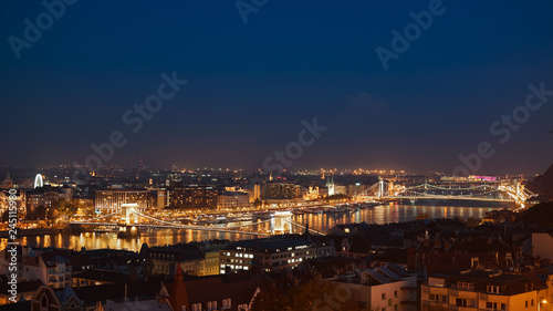 Night Budapest with the Danube and Chain Bridge, Hungary. Aerial view of Budapest. Hungary.