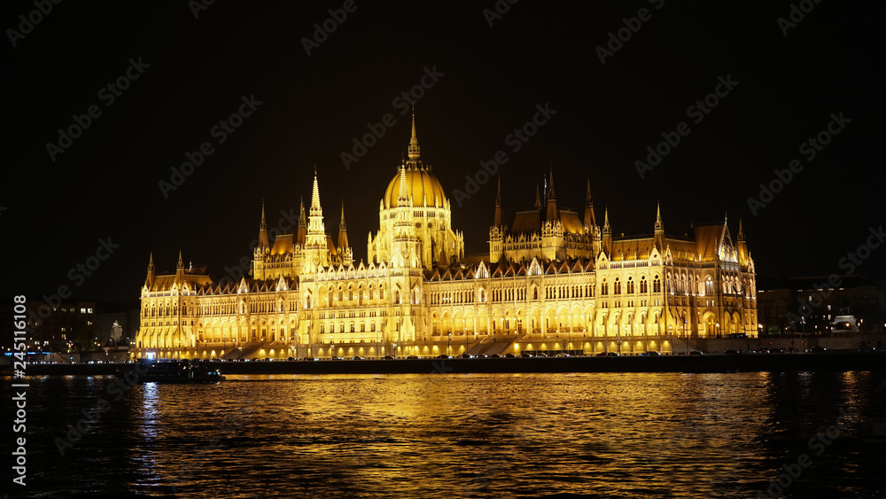 Night Budapest with the Danube and the Parliament building, Hungary. Aerial view of Budapest. Hungary.