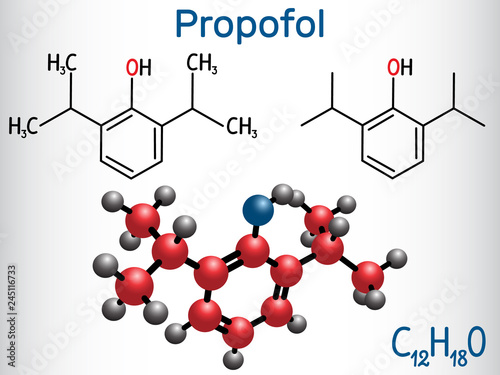 Propofol anesthetic drug molecule. Structural chemical formula and molecule model
