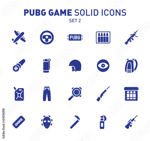 PUBG game glyph icons. Vector illustration of combat facilities. Solid design. Set 2 of icons