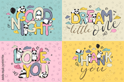 Greeting card set design with cute panda bears and quotes 