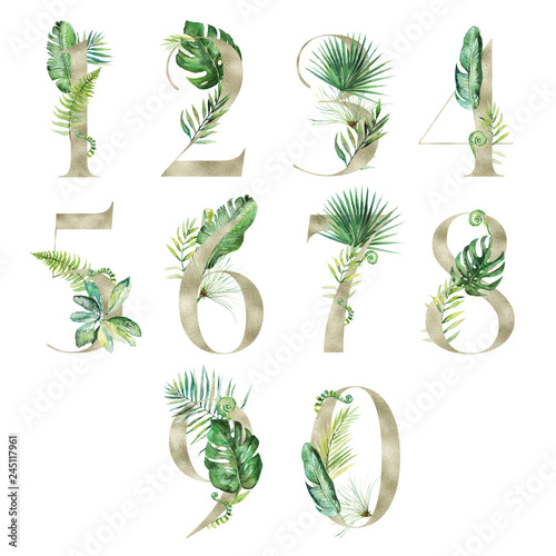 Lime Gold Tropical Floral Number Set - digits 1, 2, 3, 4, 5, 6, 7, 8, 9, 0 with flowers bouquet composition. Unique collection for wedding invites decoration & other concept ideas. photo