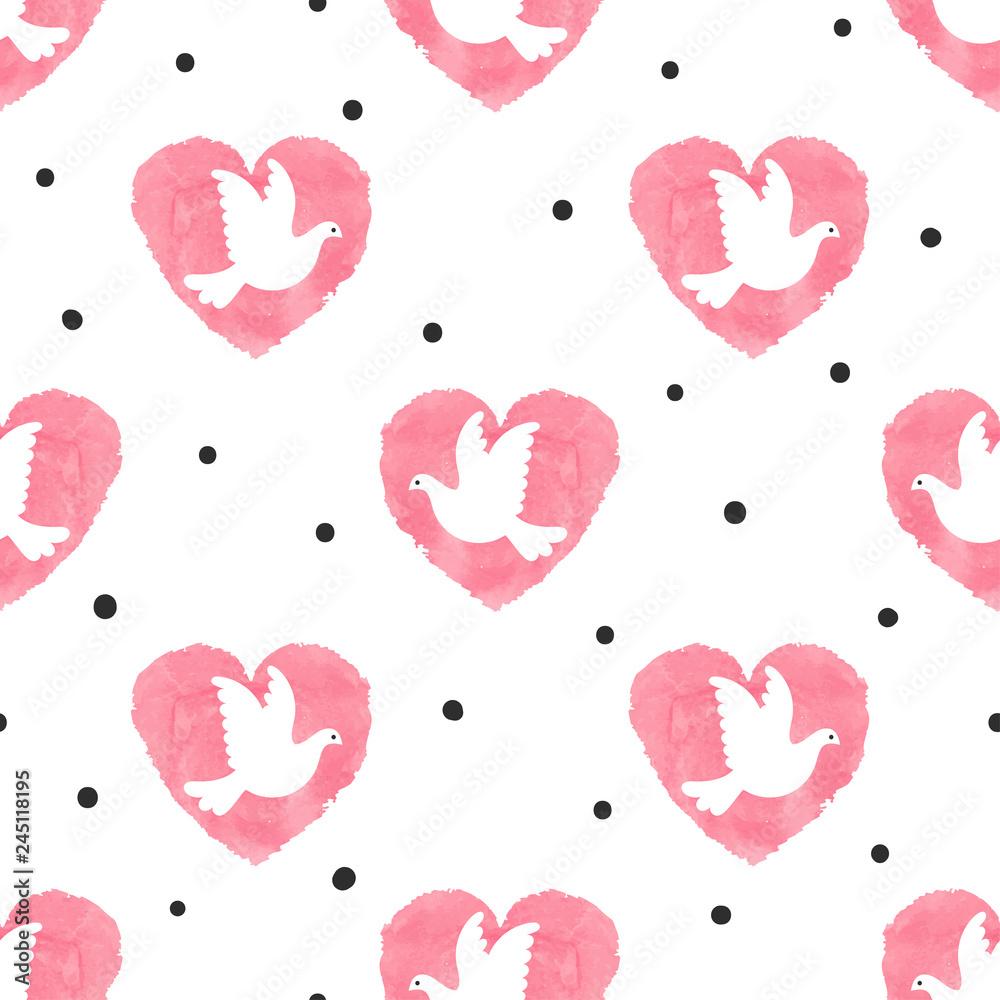 Seamless dove and heart pattern. Valentine's day vector background.