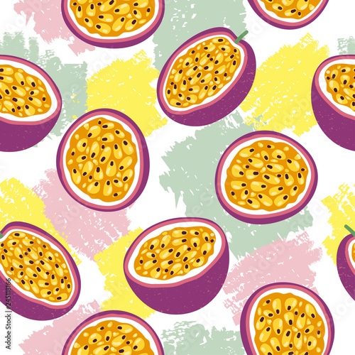 Seamless passion fruit pattern. Vector bright fruit background.