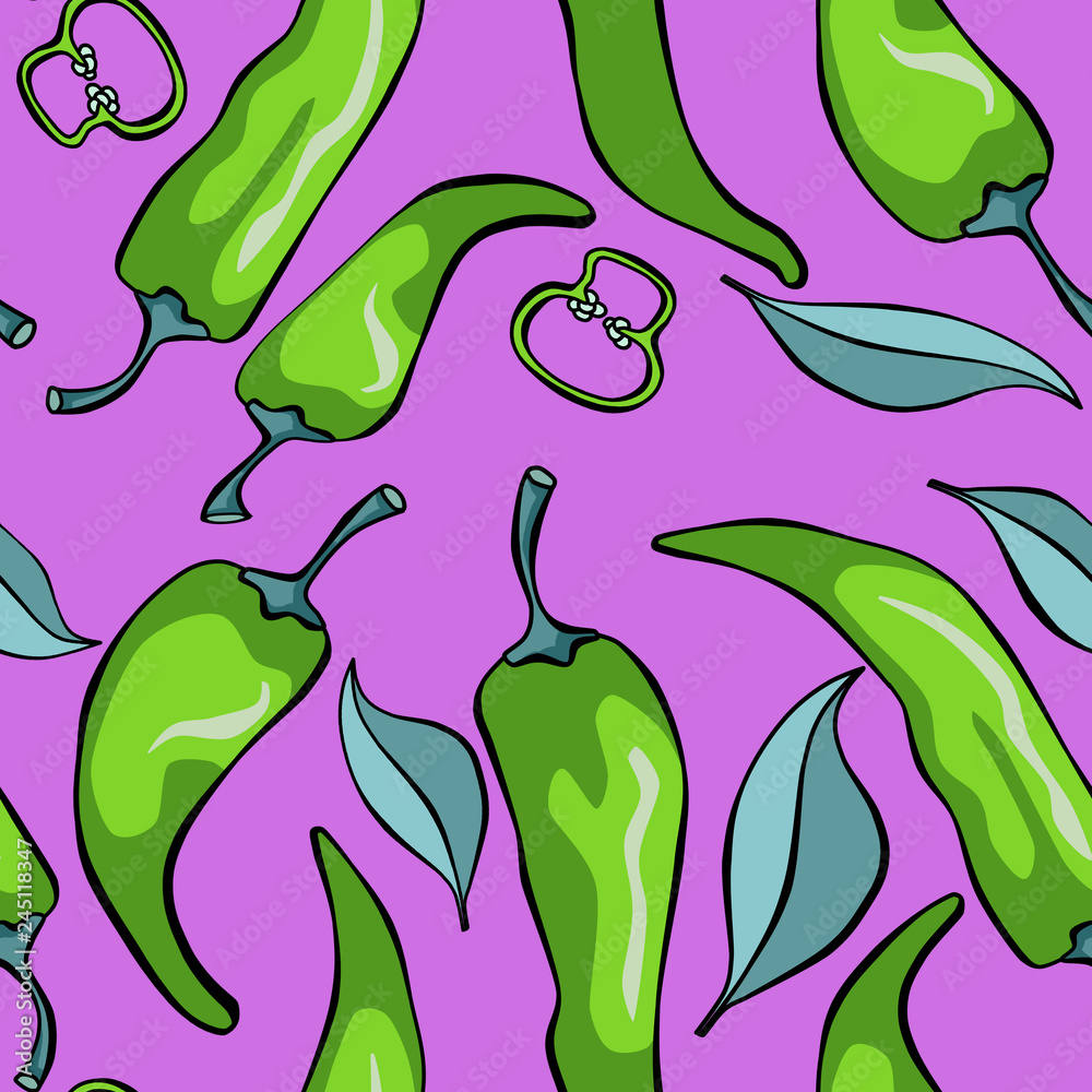 Seamless pattern with chilli pepper on pink background. Wallpaper and fabric idea. 