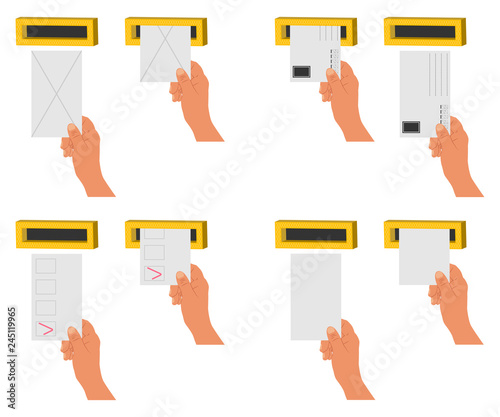 Hand send letter and blanks in a letterbox. Vector cartoon flat icons set isolated on a white background.