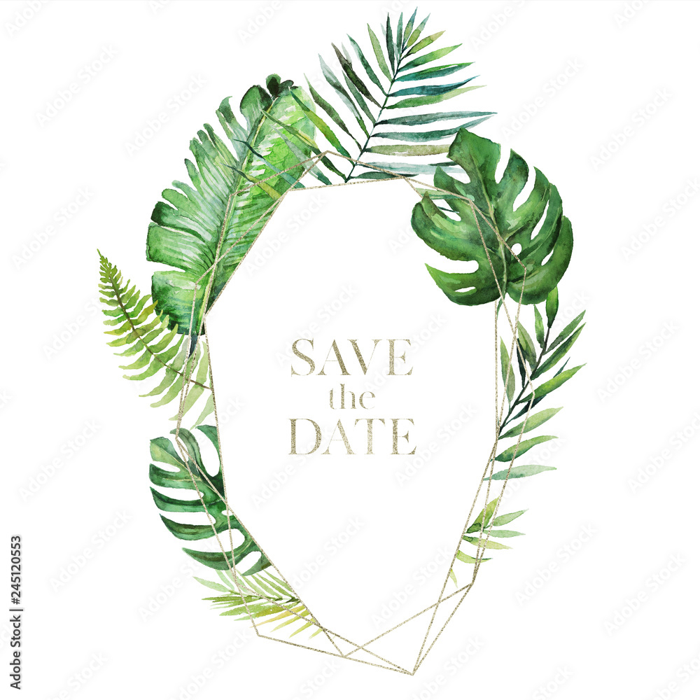 Tropical exotic watercolor floral illustration - leaf wreath / frame ...