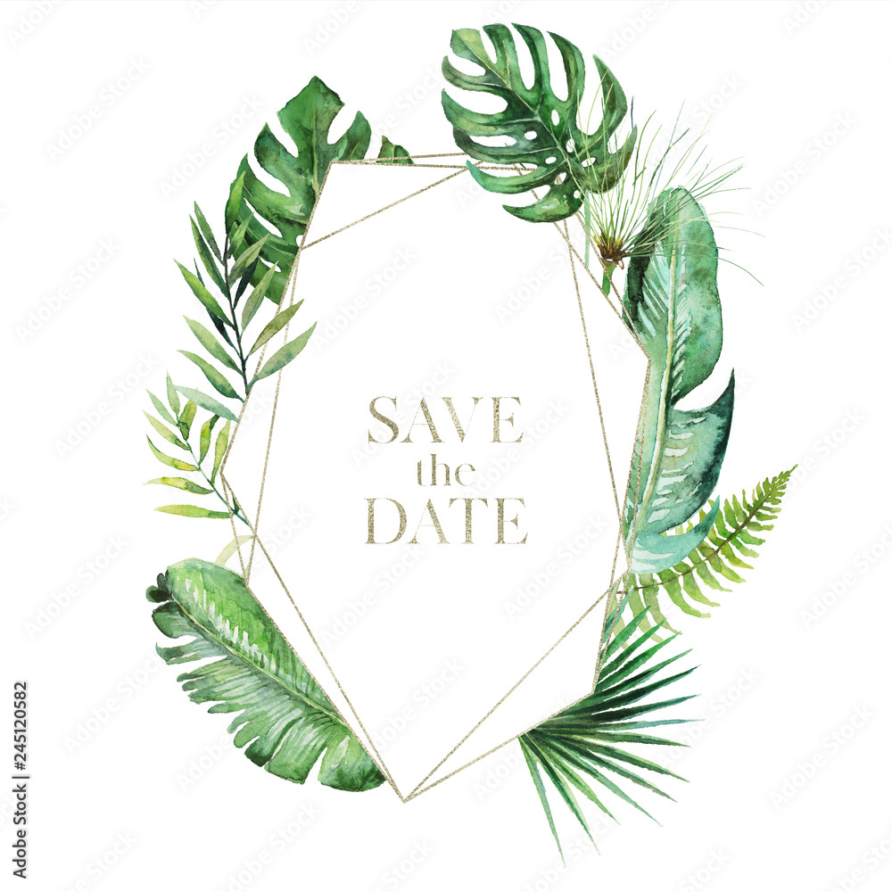 Tropical exotic watercolor floral illustration - leaf wreath / frame ...