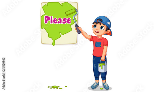 Cute boy painting a board of Please text