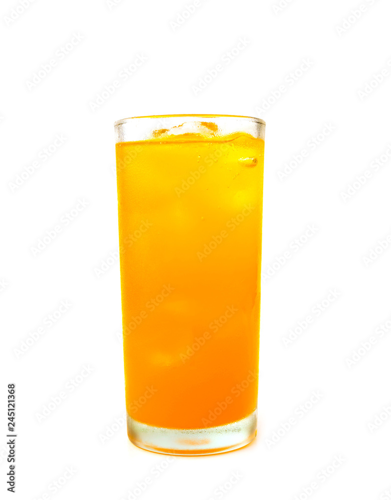 glass of orange soda with ice on white background glass of orange soda with ice on white background