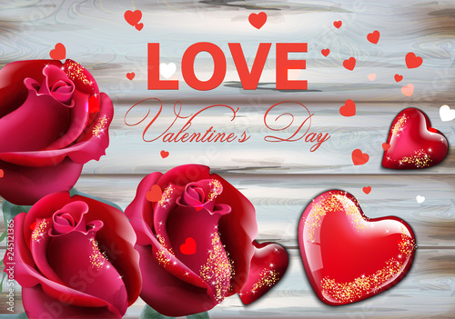 Valentine day card with red roses and hearts Vector realistic. Soft bokeh eff...