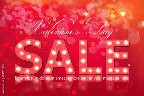 Valentine day sale banner Vector realistic. Red vintage lights template. Text...