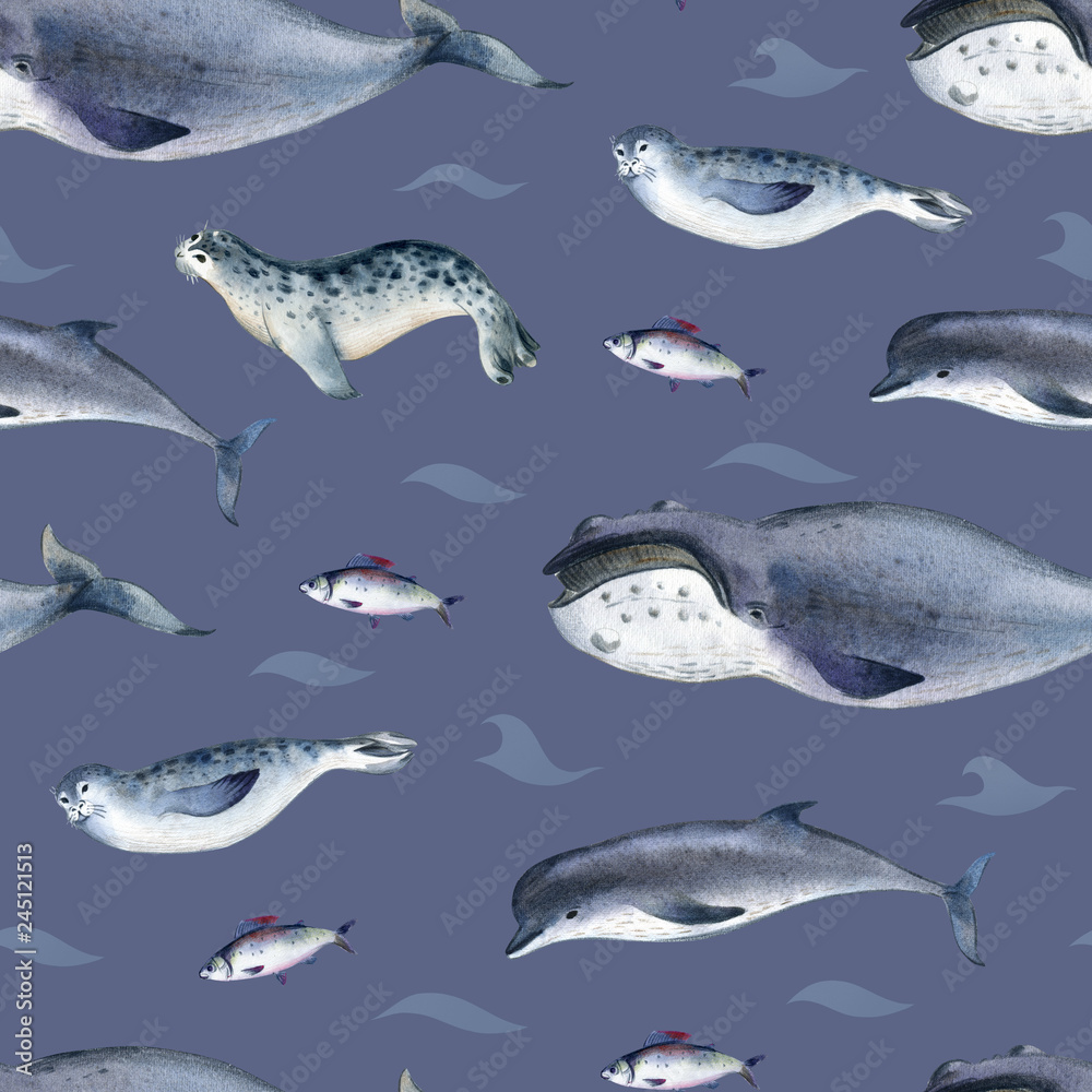 Naklejka premium Seamless watercolor pattern about sea fauna. marine animal. Dolphin, whale, fish and seal on blue background