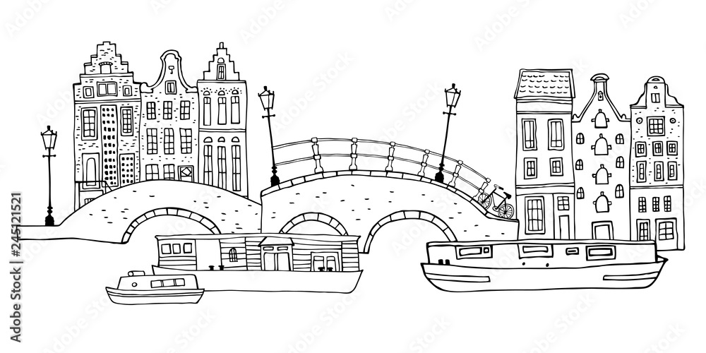Amsterdam street scene. Vector outline sketch hand drawn illustration. Houses with bridges, lanterns and boats