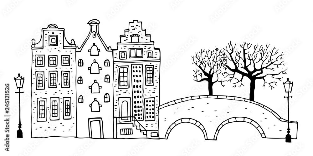 Amsterdam street scene. Vector outline sketch hand drawn illustration. Three houses with bridge, lantern, trees isolated on white background