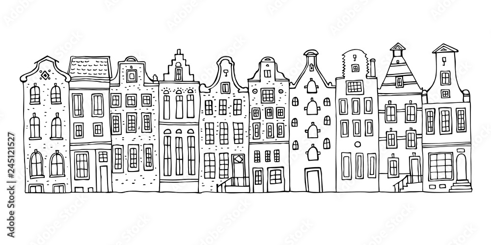 Amsterdam vector sketch hand drawn illustration. Cartoon outline houses facades in a row isolated on white background