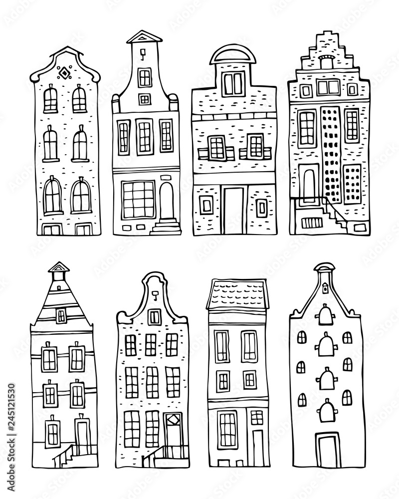 Amsterdam vector sketch hand drawn illustration. Set of cartoon outline houses facades  isolated on white background